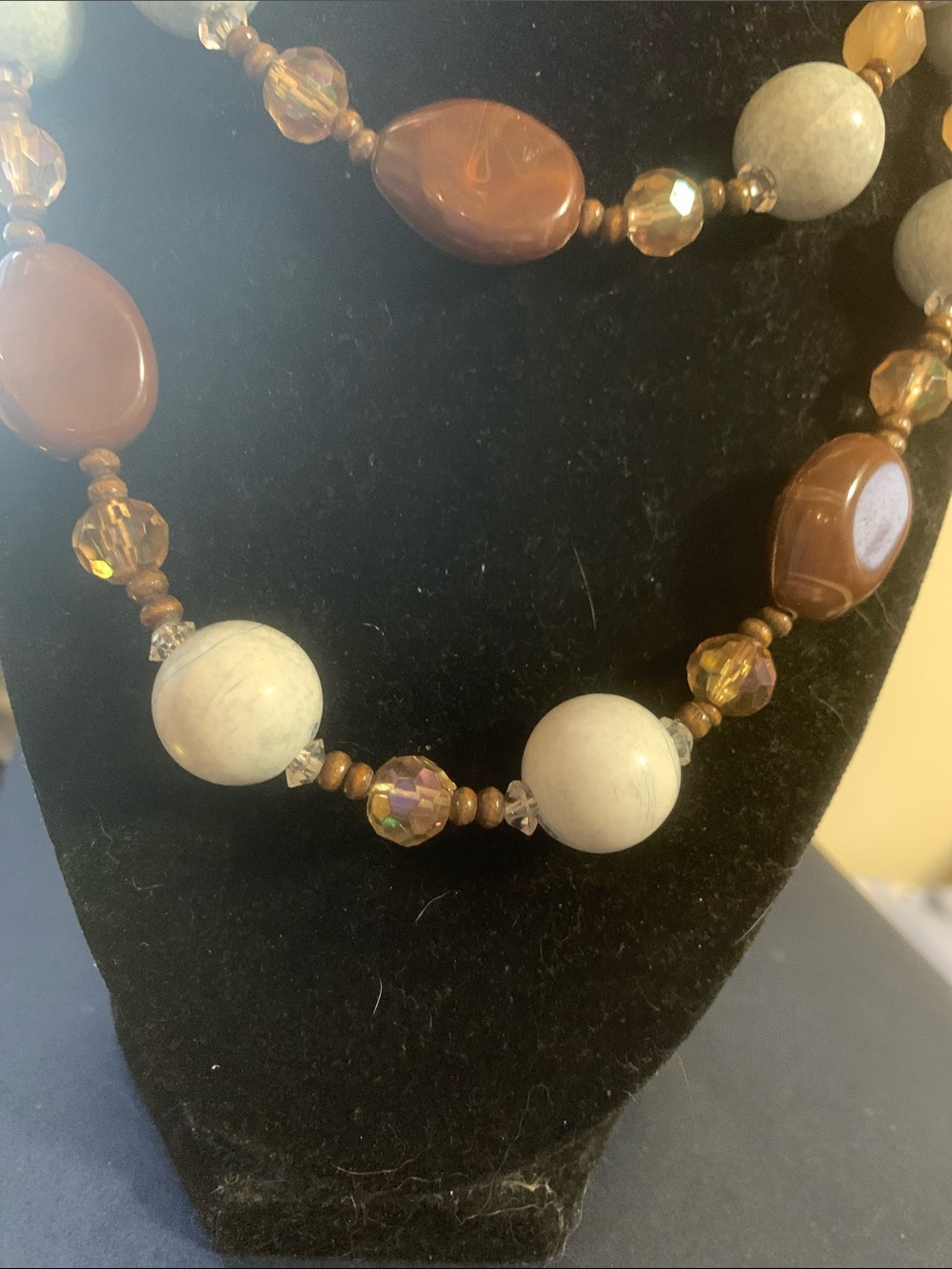 Brown and blue Beaded Statement Necklace 32”